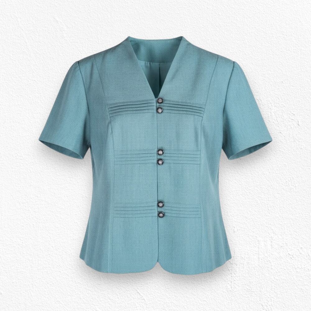 1950s Vintage Teal Black Houndstooth Button Down Fitted Blouse Jacket Size Large